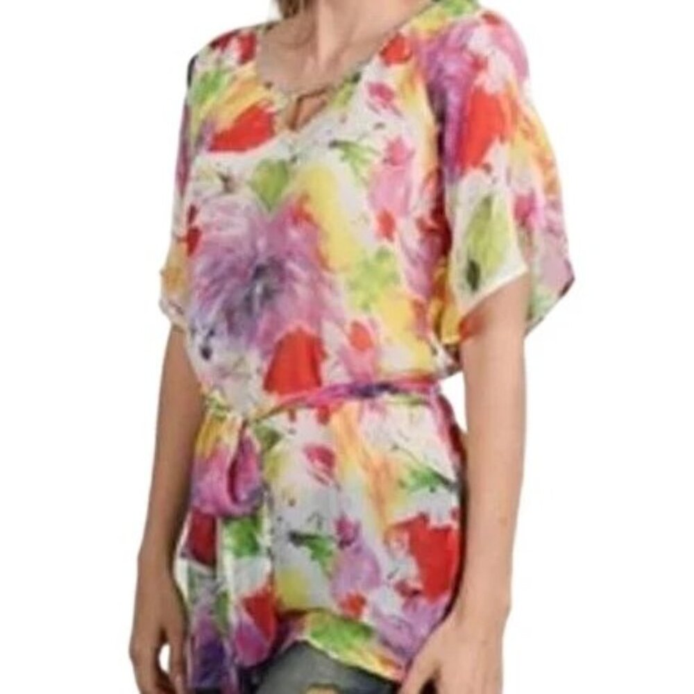 Bright Multi-Color Abstract Print Top, Jeweled Neckline